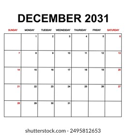 december 2031. Calendar with holydays or red dates. monthly calendar design with week starts on sunday. printable, simple, and clean vector design isolated on white background.