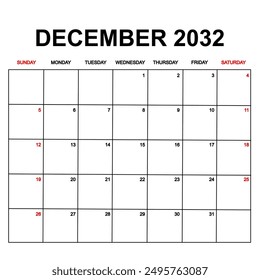 december 2032. Calendar with holydays or red dates. monthly calendar design with week starts on sunday. printable, simple, and clean vector design isolated on white background.