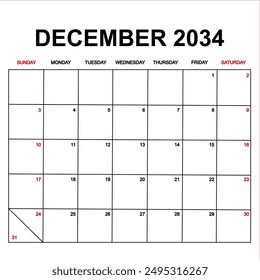 december 2034. Calendar with holydays or red dates. monthly calendar design with week starts on sunday. printable, simple, and clean vector design isolated on white background.