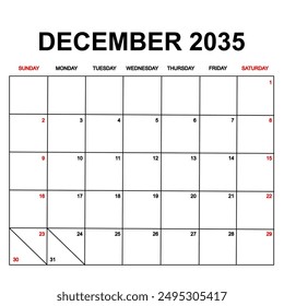 december 2035. Calendar with holydays or red dates. monthly calendar design with week starts on sunday. printable, simple, and clean vector design isolated on white background.