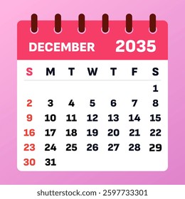 December 2035 Calendar Template. Vector Illustration of a festive planner. Clean layout