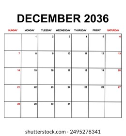 december 2036. Calendar with holydays or red dates. monthly calendar design with week starts on sunday. printable, simple, and clean vector design isolated on white background.