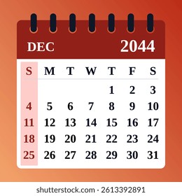 December 2044 calendar layout. Clean flat vector design, editable template