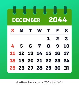 December 2044 flat calendar design. Minimalist vector template, editable month view