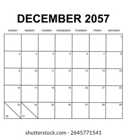 Dezembro de 2057. design de calendário mensal. semana começa no domingo. design de vetor imprimível, editável, simples e limpo isolado no fundo branco.