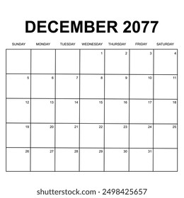 december 2077. monthly calendar design. week starts on sunday. printable, simple, and clean vector design isolated on white background.