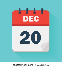 December 20th. Daily calendar icon in vector format.  Date, time, day, month. Holidays