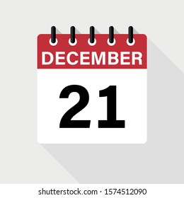 December 21 - Calendar Icon. Calendar Icon with shadow. Flat style. Date, day and month.