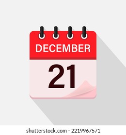 21 de diciembre, icono del calendario con sombra. Día, mes. Ilustración vectorial plana.