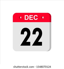 December 22 - Calendar Icon. Calendar Icon with shadow. Flat style. Date, day and month. Reminder. Vector illustration. Organizer application, app symbol. Ui. User interface sign.
