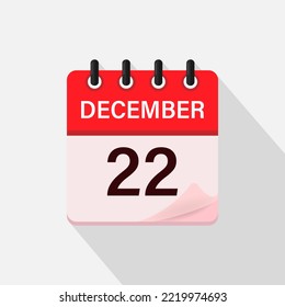 December 22, Calendar icon with shadow. Day, month. Flat vector illustration.