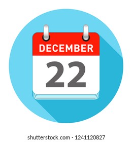 December 22 Date on a Single Day Calendar in Flat Style with long flat shadow on a blue background