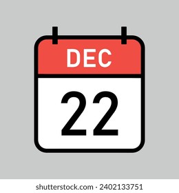 december 22 red and white color calendar page, calendar date vector illustration