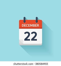 December  22.Calendar icon.Vector illustration,flat style.Date,day of month:Sunday,Monday,Tuesday,Wednesday,Thursday,Friday,Saturday.Weekend,red letter day.Calendar for 2017 year.Holidays in December