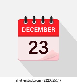 December 23, Calendar icon with shadow. Day, month. Flat vector illustration.