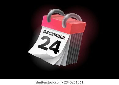 December 24 3d calendar icon with date isolated on black background. Can be used in isolation on any design.