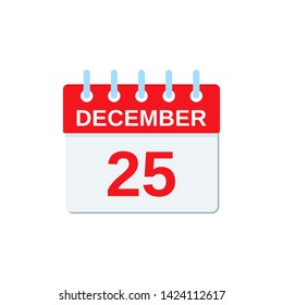 December 25 calendar icon. Christmas date reminder. Vector. Red spiral calender planner. Holiday symbol isolated on white background. Color illustration in flat design.
