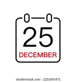 Fecha del 25 de diciembre en el calendario, icono de trazo de línea vectorial para la interfaz de usuario. Calendario con fecha, ilustración vectorial.