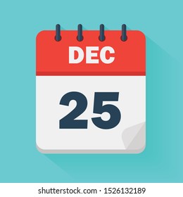 December 25th. Daily calendar icon in vector format.  Date, time, day, month. Holidays