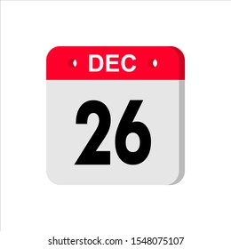 December 26 - Calendar Icon. Calendar Icon with shadow. Flat style. Date, day and month. Reminder. Vector illustration. Organizer application, app symbol. Ui. User interface sign.