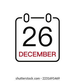 December 26 date on the calendar, vector line stroke icon for user interface. Calendar with date, vector illustration.