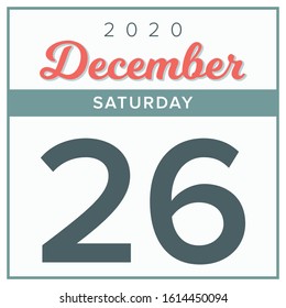 December 26th, 2020. Calendar day icon. Red and grey color.