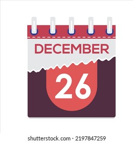 December 26th. Vector flat daily calendar icon. Date and time, day, month. Holiday. Season. White Background