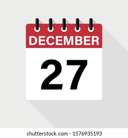 December 27 - Calendar Icon. Calendar Icon with shadow. Flat style. Date, day and month.