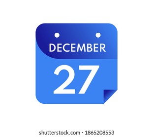 December 27 Date on a Single Day Calendar in Flat Style, 27 December calendar icon