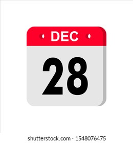 December 28 - Calendar Icon. Calendar Icon with shadow. Flat style. Date, day and month. Reminder. Vector illustration. Organizer application, app symbol. Ui. User interface sign.