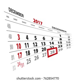 December 28, highlighted on 2017 calendar. Week starts from Sunday. Vector Illustration.