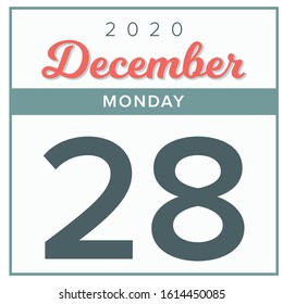 December 28th, 2020. Calendar day icon. Red and grey color.