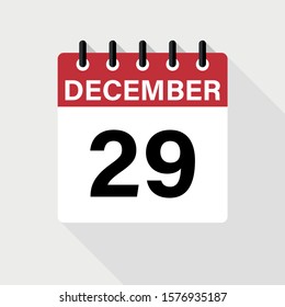 December 29 - Calendar Icon. Calendar Icon with shadow. Flat style. Date, day and month.