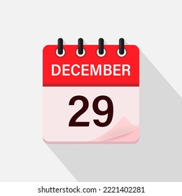 29 de diciembre, icono del calendario con sombra. Día, mes. Ilustración vectorial plana.