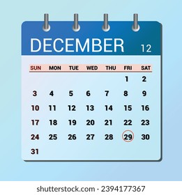 December 29. Flat icon calendar isolated on blue background. Date and month vector illustration