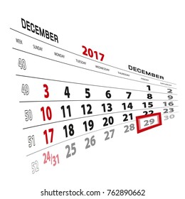 December 29, highlighted on 2017 calendar. Week starts from Sunday. Vector Illustration.
