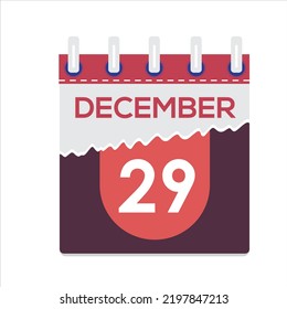 December 29th. Vector flat daily calendar icon. Date and time, day, month. Holiday. Season. White Background