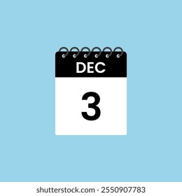 December 3 calendar reminder. 3rd December Date Month calendar icon design template.