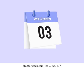 December 3 - calendar and Time planner. Daily Calendar Icon reminder. Vector Illustration.