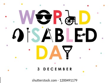 December 3 - world disability day greeting card template in flat design vector illustration. Invalid person, blind woman, broken arm, man on wheelchair, prosthetic arms and legs. Healthcare assistance