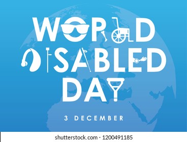 December 3 - world disability day greeting card template in flat design vector illustration. Invalid person, blind woman, broken arm, man on wheelchair, prosthetic arms and legs. Healthcare assistance