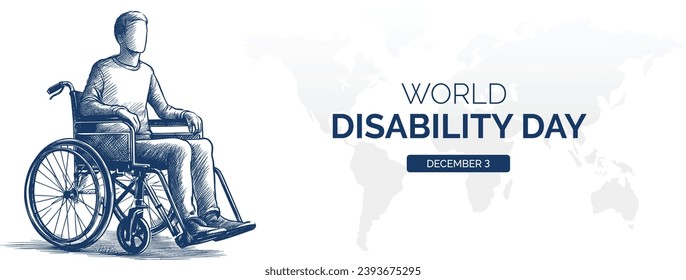 December 3 World Disabled Day. International day of people with disability. Men in wheel chair vector sketch hand drawn illustration banner