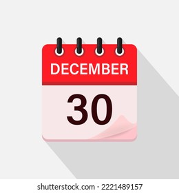 December 30, Calendar icon with shadow. Day, month. Flat vector illustration.