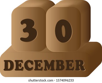 December 30. Vector 3D daily calendar wood icon 