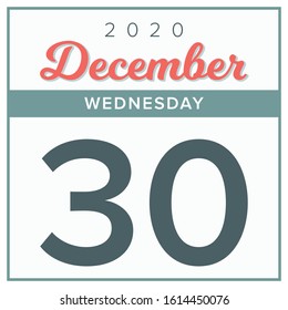 December 30th, 2020. Calendar day icon. Red and grey color.