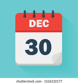 December 30th. Daily calendar icon in vector format.  Date, time, day, month. Holidays