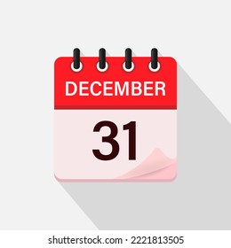 December 31, Calendar icon with shadow. Day, month. Flat vector illustration.