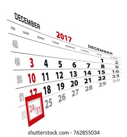 December 31, highlighted on 2017 calendar. Week starts from Sunday. Vector Illustration.