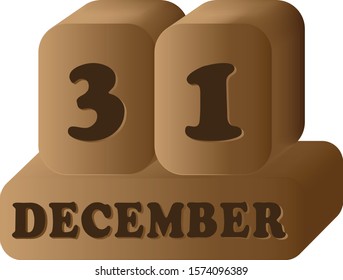 December 31. Vector 3D daily calendar wood icon 