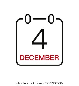 December 4 date on the calendar, vector line stroke icon for user interface. Calendar with date, vector illustration.